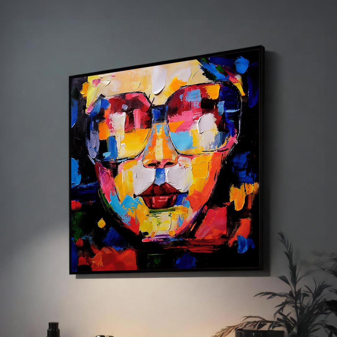Colorful Pop Art Face With Oversized Sunglasses Modern Style Poster