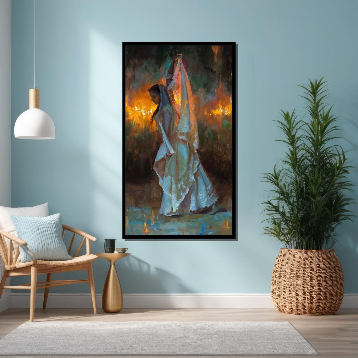 Woman in Flowing White Veil Dancing Before Firelight Oil Art Poster - Image 6