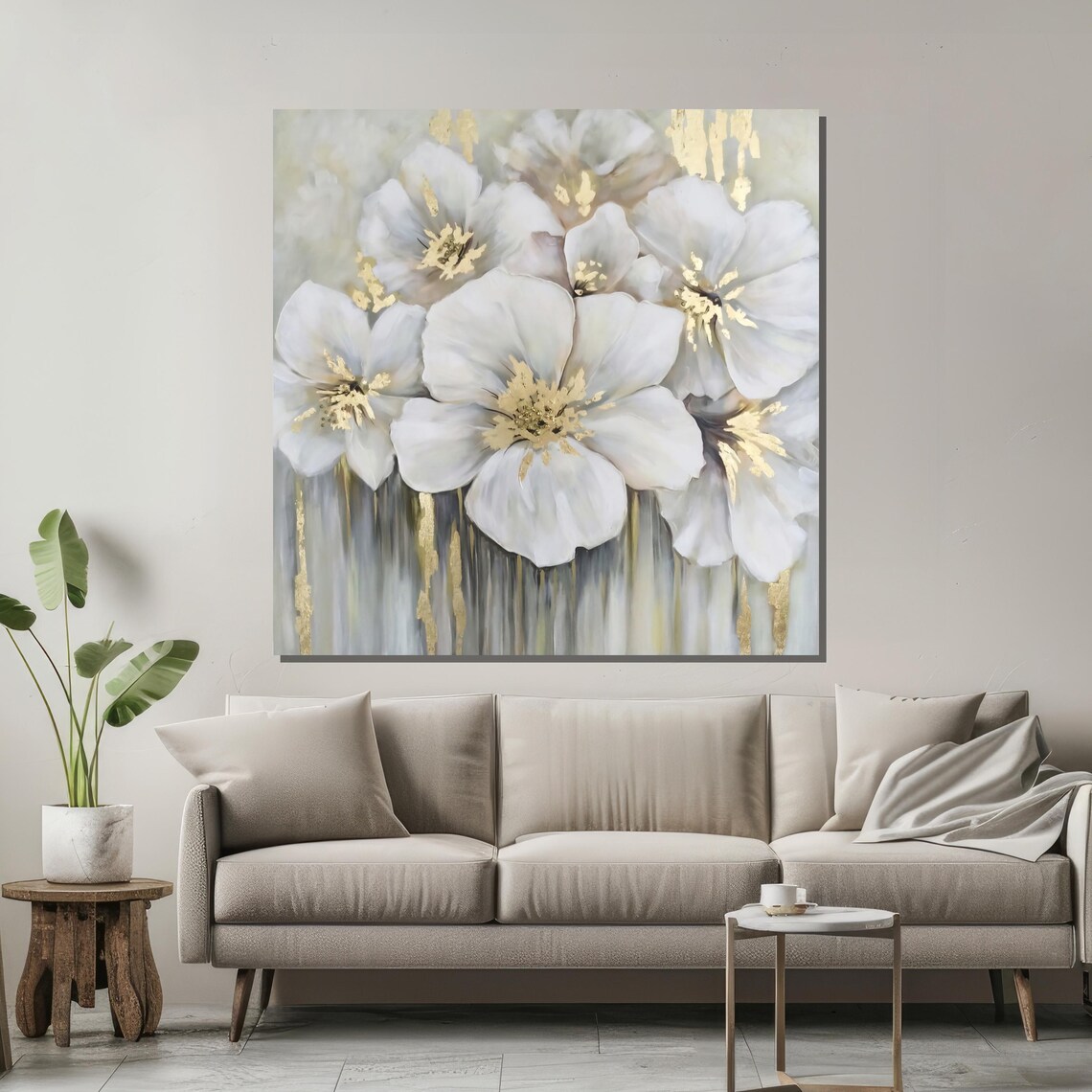 Elegant White Floral Painting With Gold Accents Modern Flower Wall Art For Living Room Luxury Nature Inspired Home Decor - Image 2