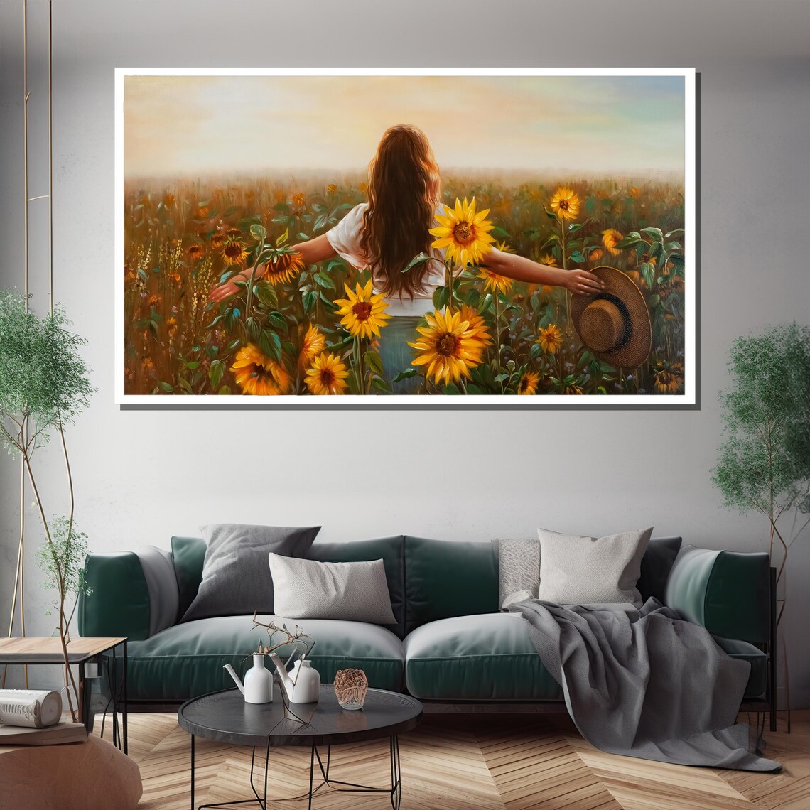 Woman With Arms Wide Open In Golden Sunflower Field Scene Poster - Image 3