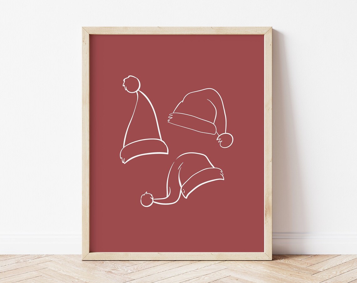 Santa Hats Line Art Print White On Red Minimal Modern Christmas Poster