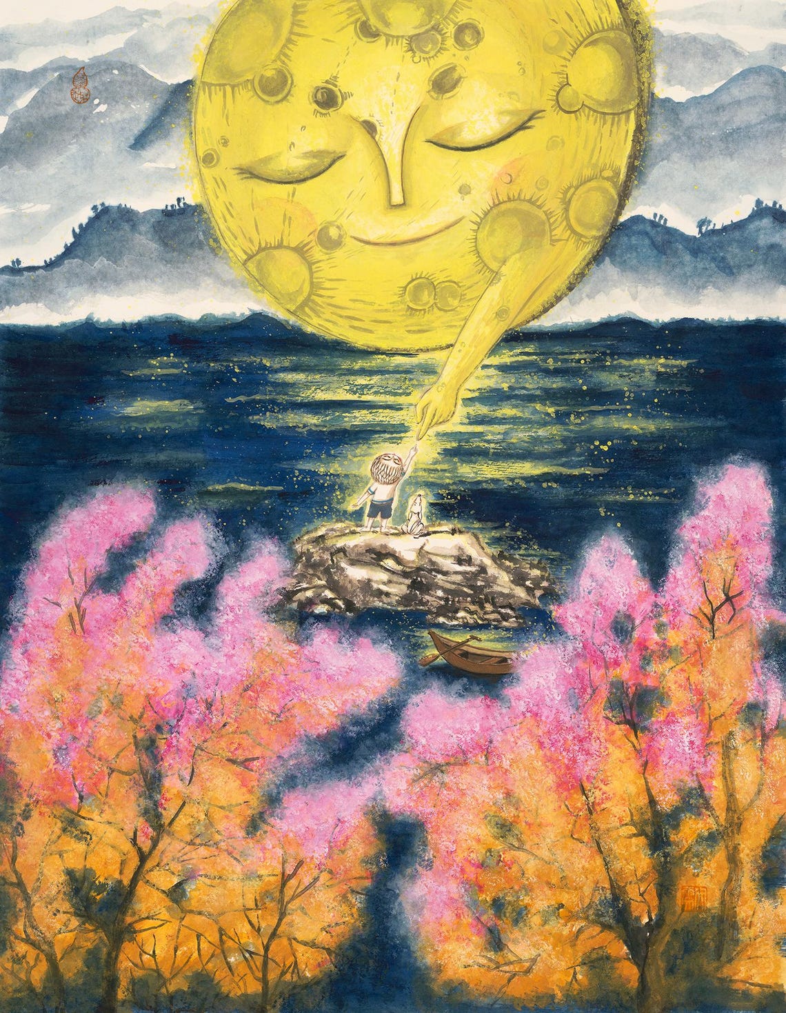 Boy Reaching Giant Smiling Moon Blossom Lake Art Nighttime Poster