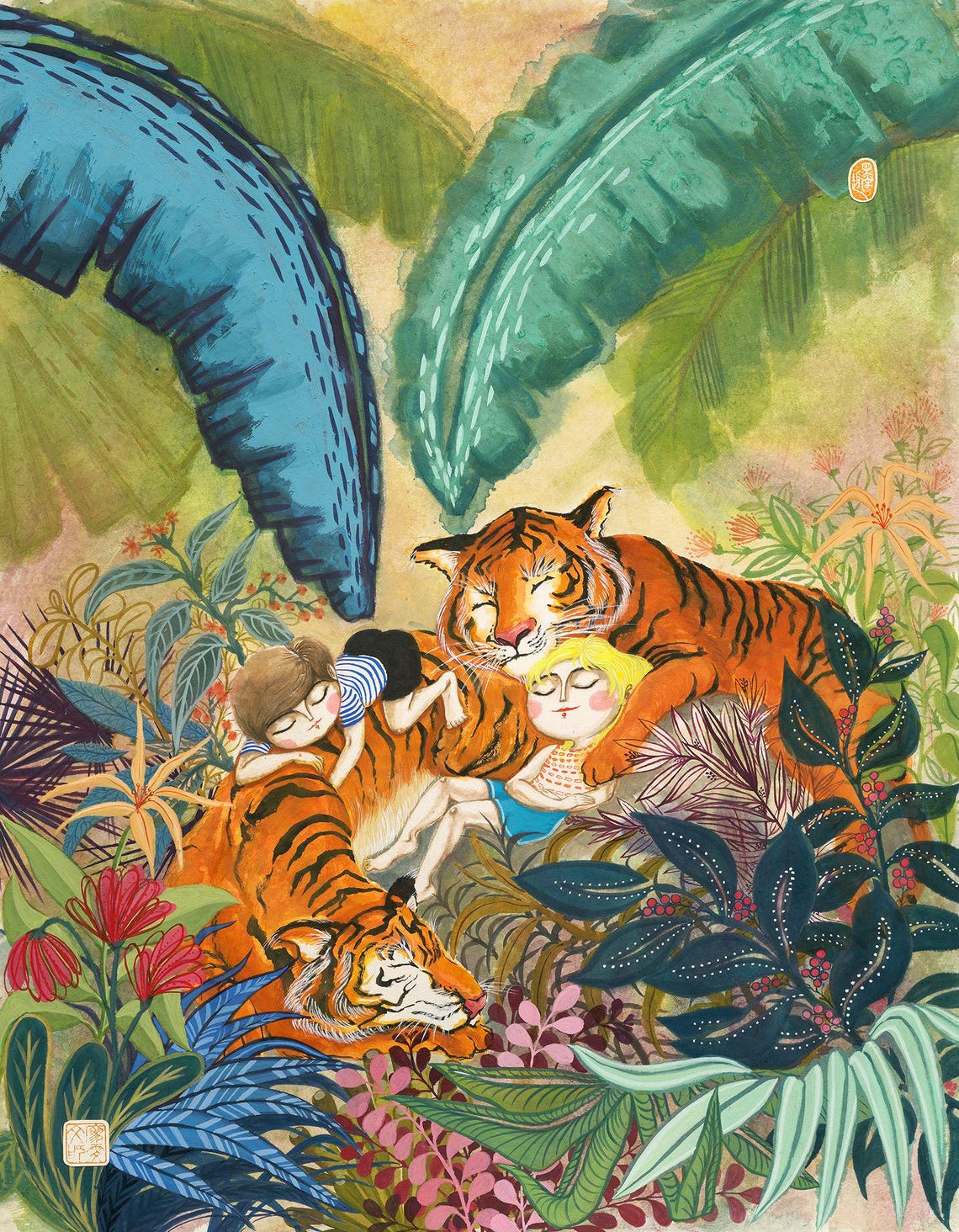Two Kids Napping With Tigers Lush Jungle Cozy Bedtime Poster