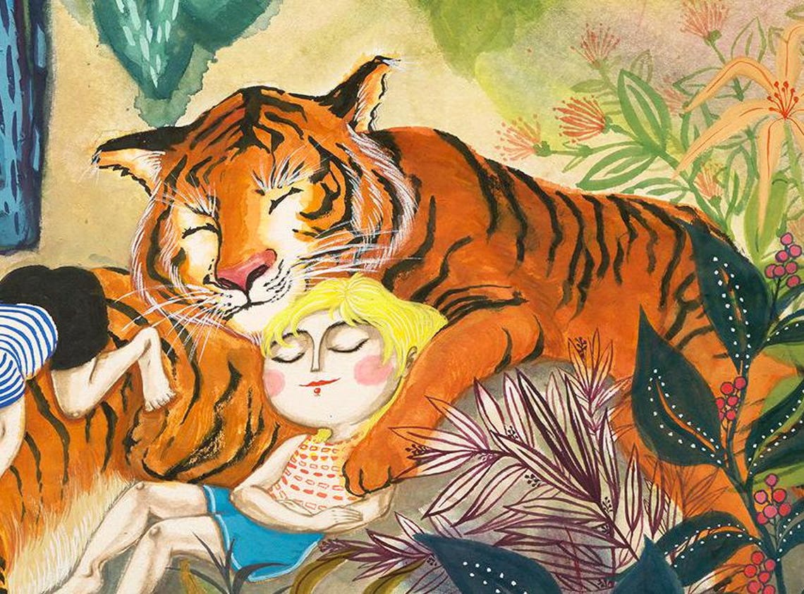 Two Kids Napping With Tigers Lush Jungle Cozy Bedtime Poster - Image 4