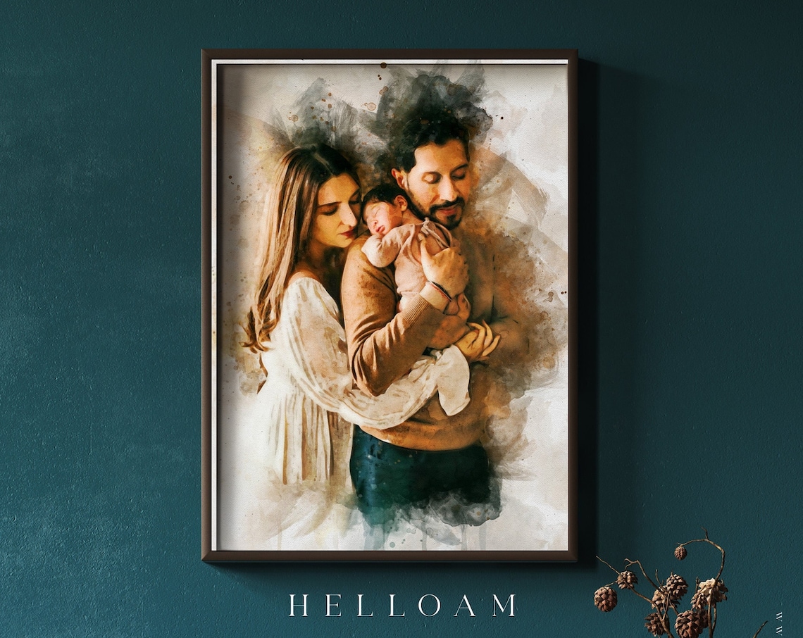Custom Watercolor New Parents Newborn Baby Portrait Family Art Poster