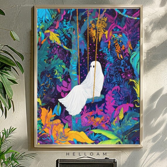 Cute Ghost On Swing In Neon Night Jungle Colorful Flowers Halloween Poster