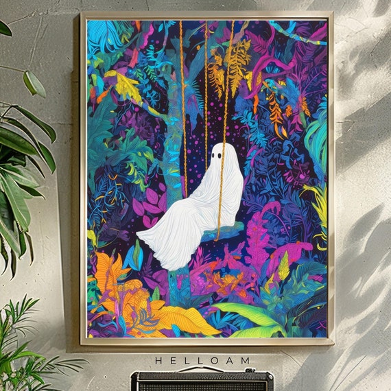 Ghost On Swing Flower Woods Print Romantic Dark Academia Moody Cottagecore Spooky Decor Vintage Poster Gothic Painting Reading Ghost