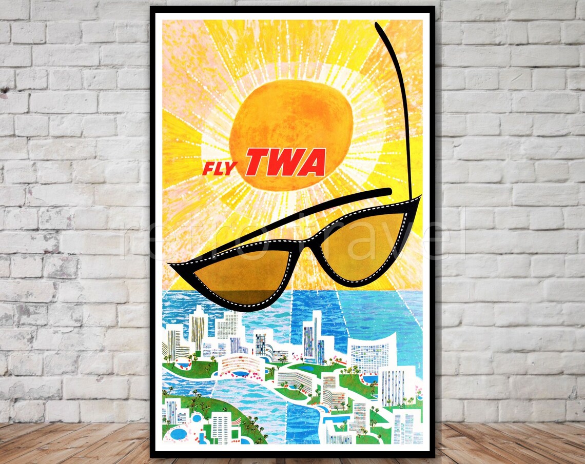 Fly TWA Sunglasses Sunlit Coastal City Skyline Retro Airline Poster