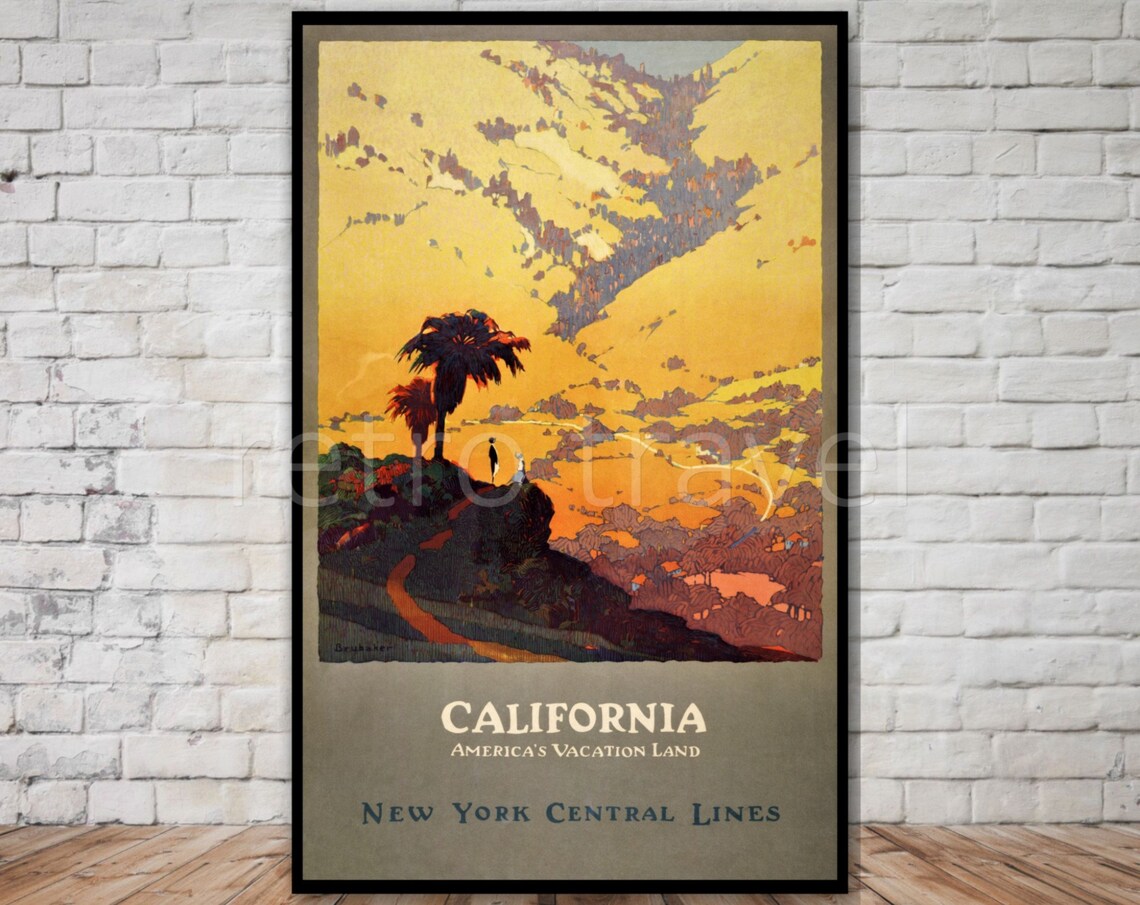 California Americas Vacation Land Vintage Rail Travel Poster Sunset