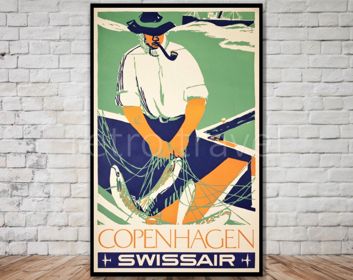 Swissair Copenhagen Travel Poster Instant Retro Travel Print Vintage Copenhagen Poster Fisherman Poster Print