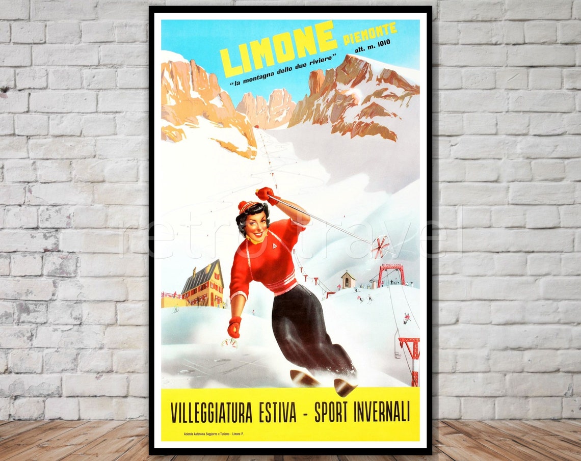 Limone Piemonte Italy Vintage Skier Winter Sports Travel Poster Art