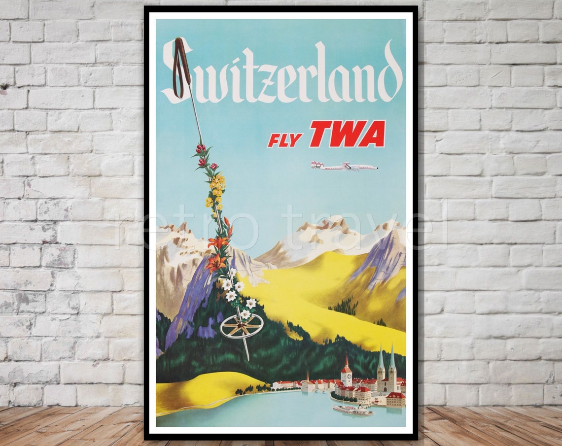 Switzerland Fly TWA Vintage Airline Poster Flower Ski Pole Alps