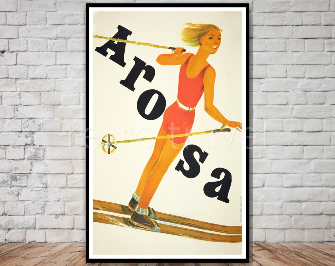 Arosa Switzerland Ski Poster Instant Sporty Woman Skiing Switzerland Travel Poster Vintage Switzerland Poster