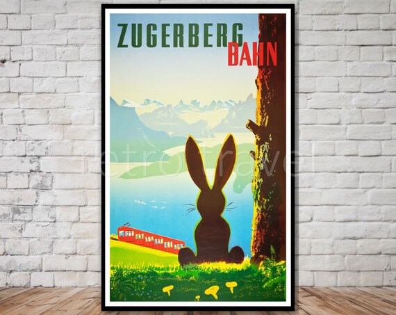 Zugerberg Bahn Rabbit Watching Red Funicular Vintage Swiss Travel Poster