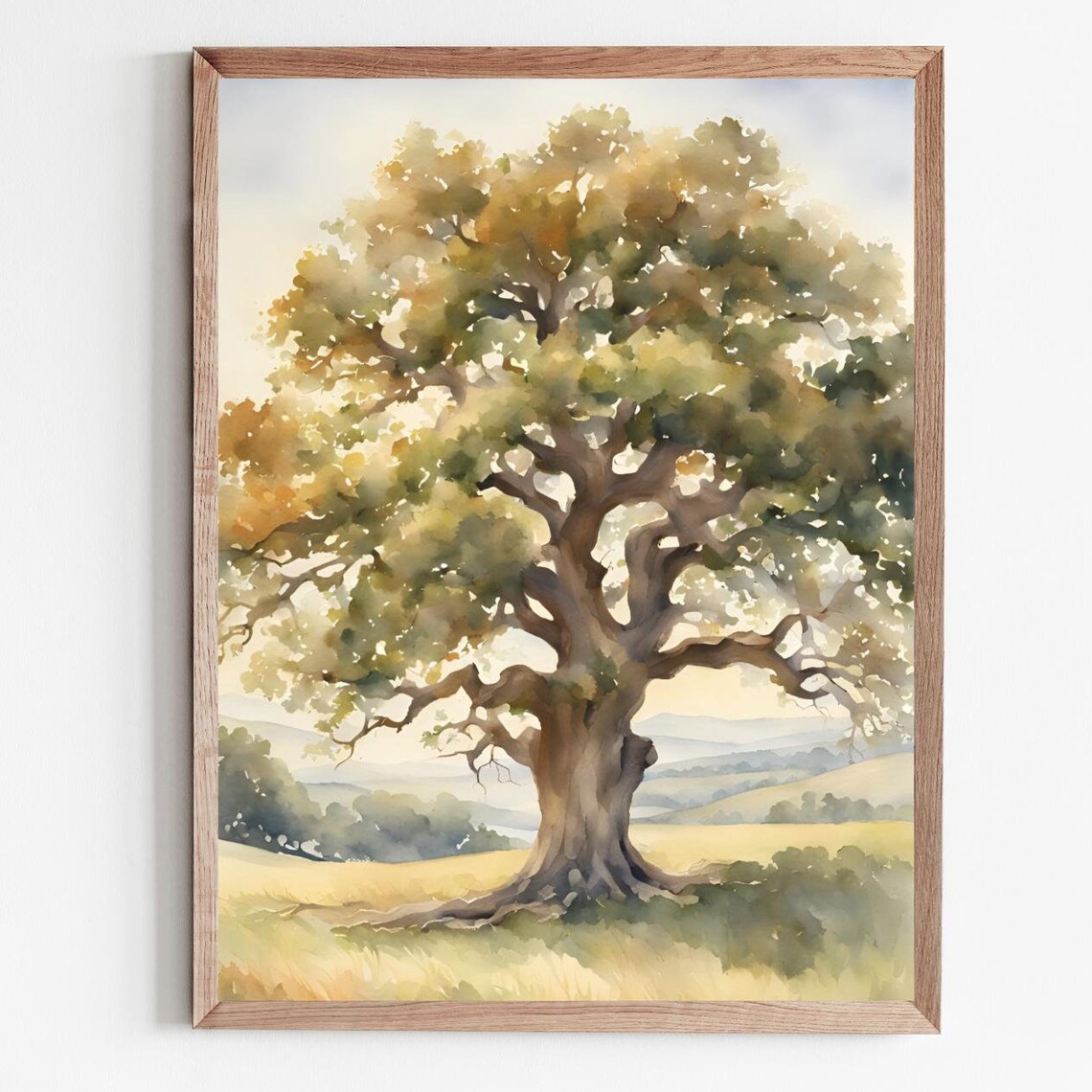 Oak Tree Watercolor Landscape, Farmhouse Art Print