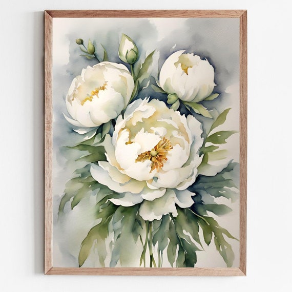 Peony Painting White Flowers Bouquet Watercolor Art Print Spring Wall Botanical Light Gray Green Decor
