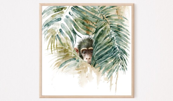 Baby Chimpanzee Palm Leaves Cute Watercolor Animal Art Poster