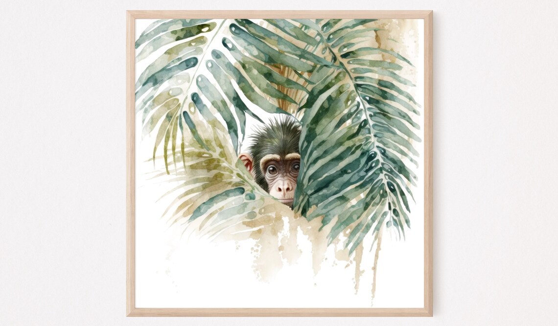 Baby Chimpanzee Palm Leaves Cute Watercolor Animal Art Poster