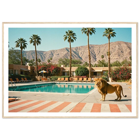 Lion by Pool Retro Photography Art Print