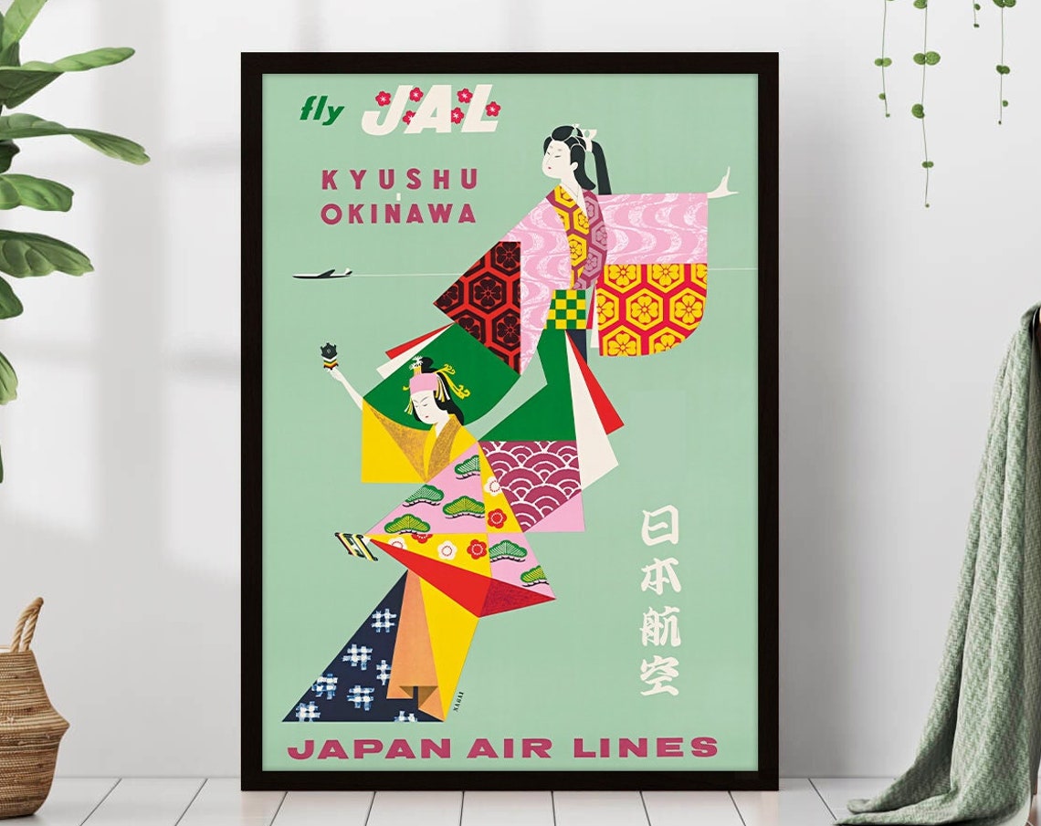 Fly JAL Kyushu Okinawa Kimono Dancer Vintage Airline Travel Poster