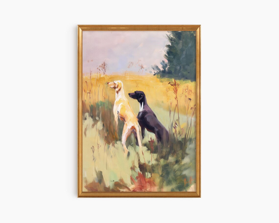 Two Hunting Dogs Field Landscape Oil Painting Dog Lovers Poster