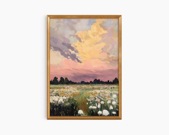 Wildflower Meadow Sunset Oil Painting Pink Sky Landscape Poster