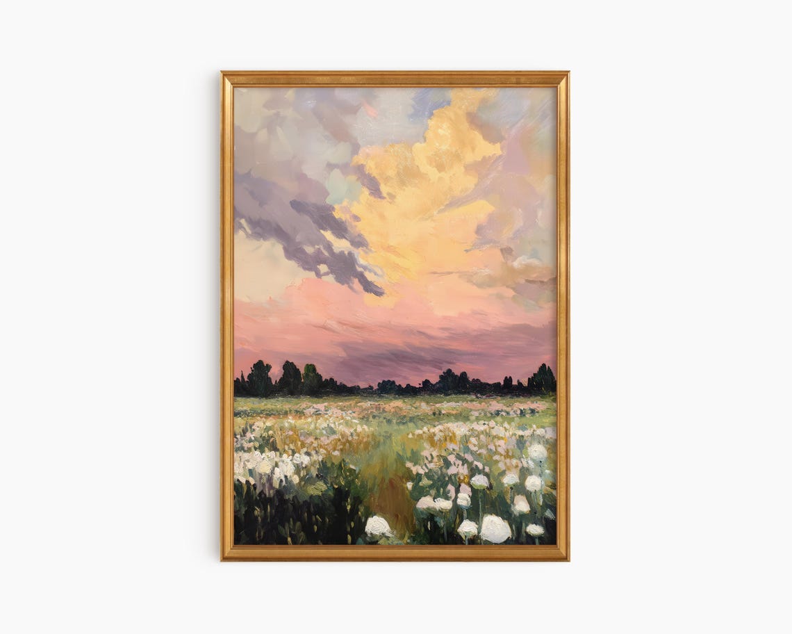 Wildflower Meadow Sunset Oil Painting Pink Sky Landscape Poster
