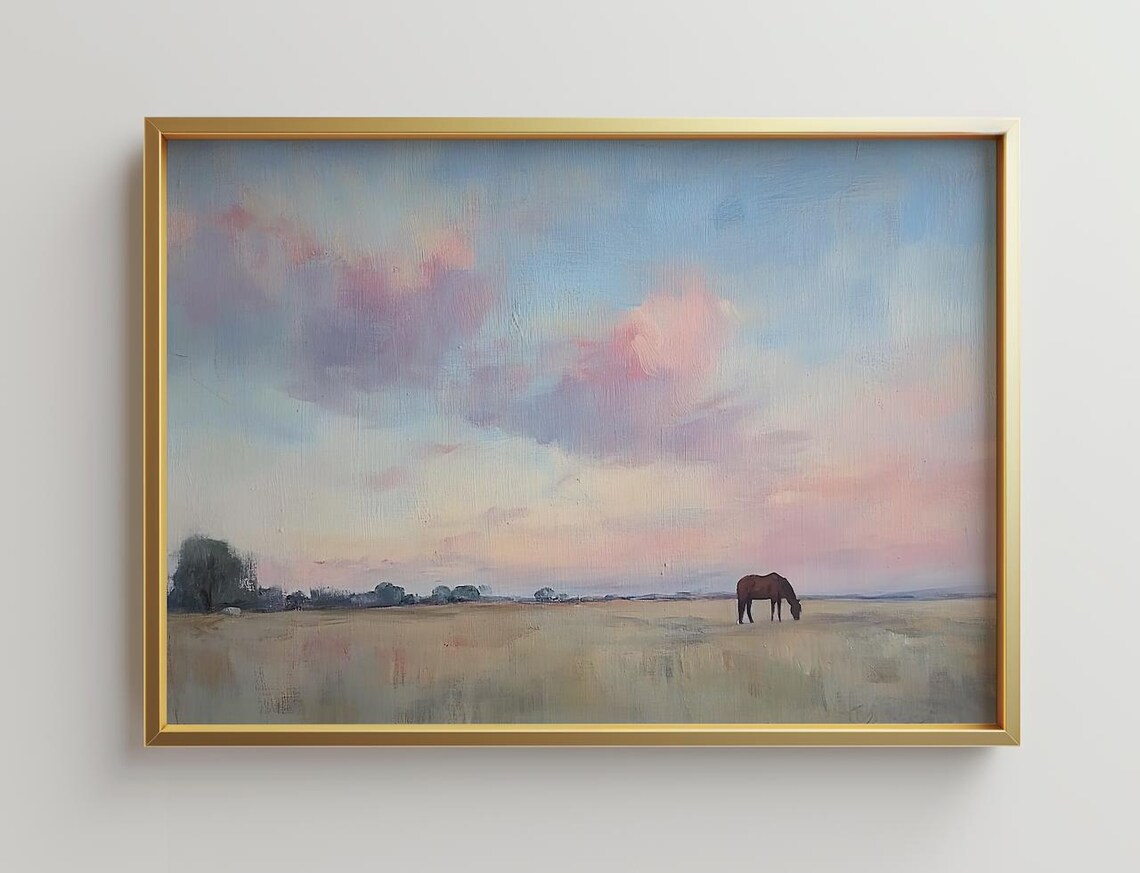 Horse Grazing In Field At Sunset Pastel Sky Oil Painting Art Poster