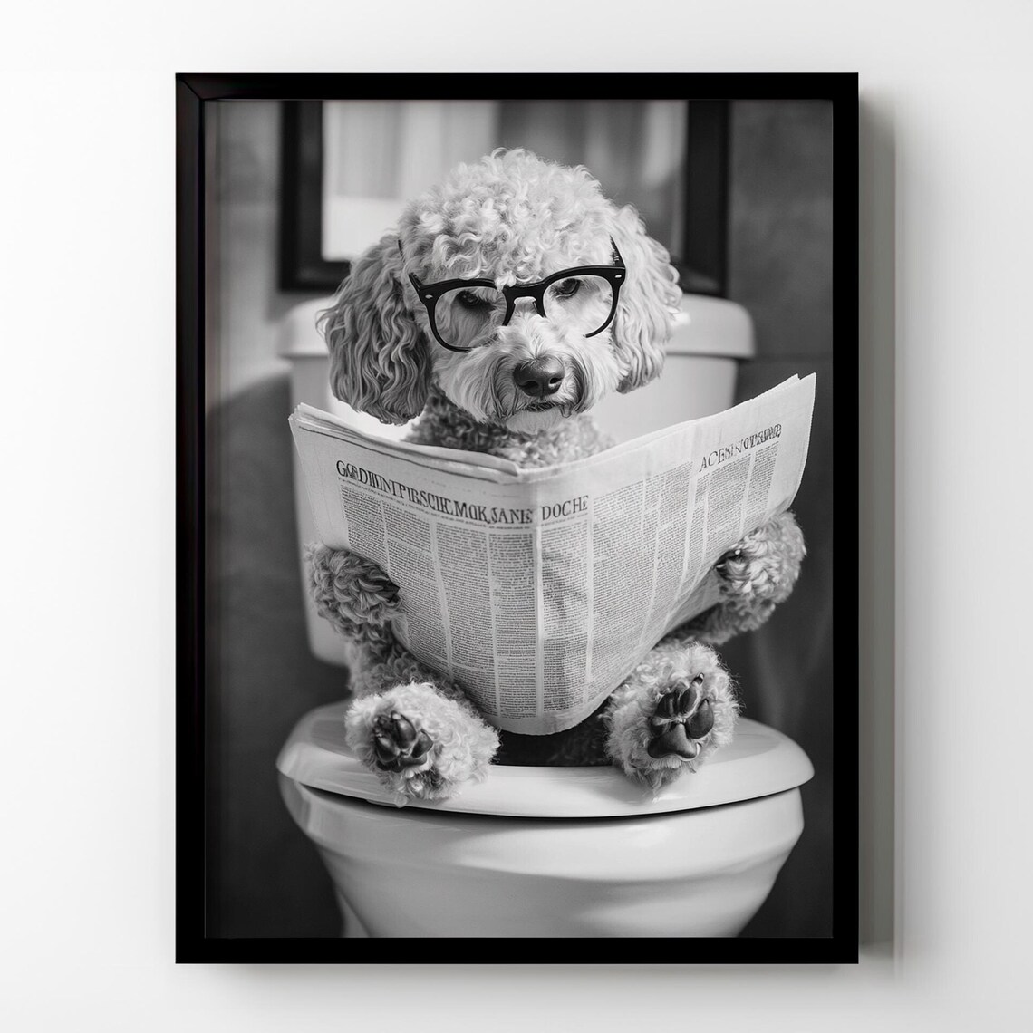 Cute Poodle in Glasses on Toilet Reading Newspaper Photo Style Poster