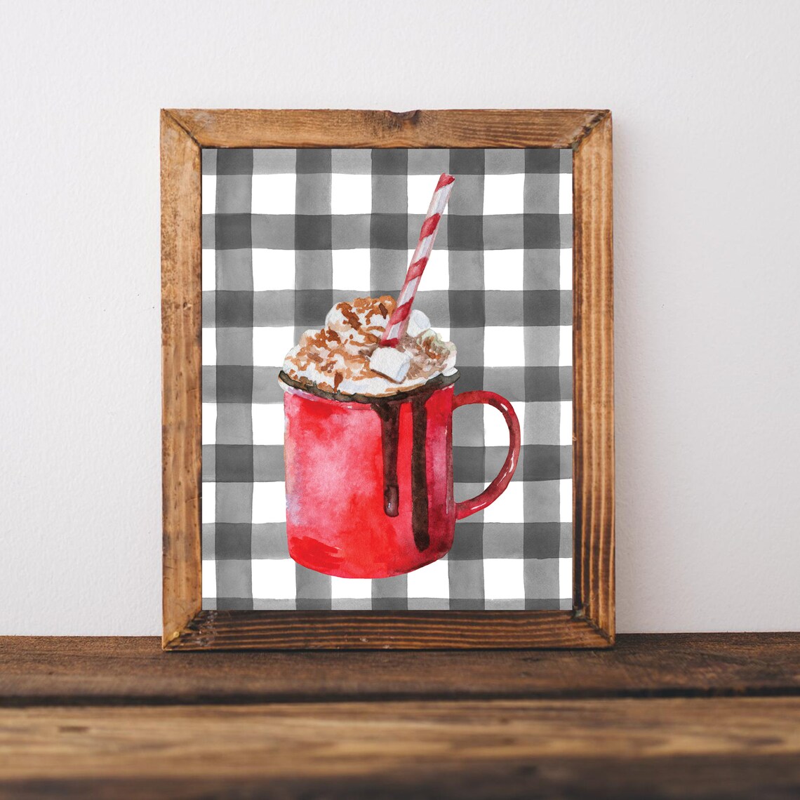 Hot Cocoa Red Mug Watercolor Buffalo Check Winter Christmas Poster