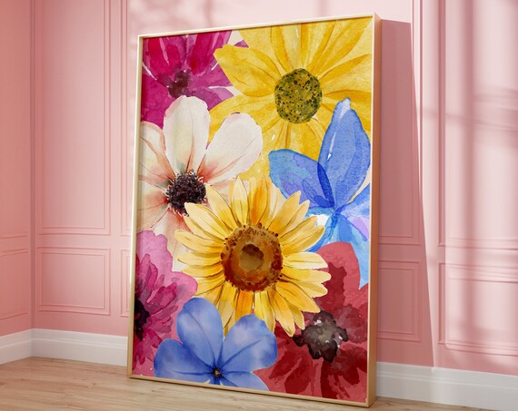 Bright Watercolor Sunflower Daisy Floral Bouquet Colorful Poster
