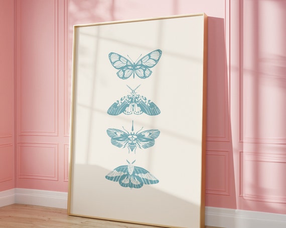 Pastel Blue Butterflies Print Angelcore Cute Girly Wall Art Butterfly Nursery Poster Dorm Room Decor Trendy Wall Art Minimalistic