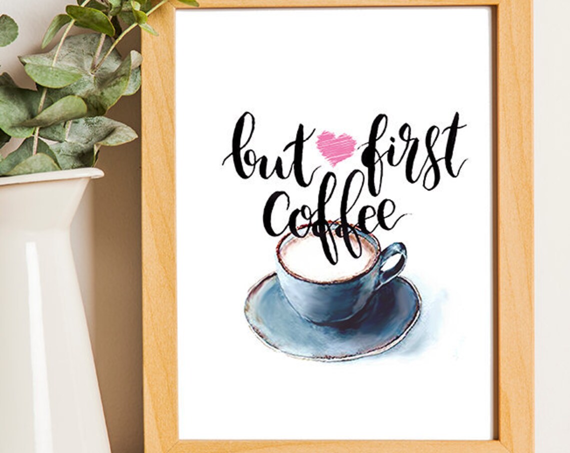 But First Coffee Pink Heart Watercolor Cup Quote Decor Poster