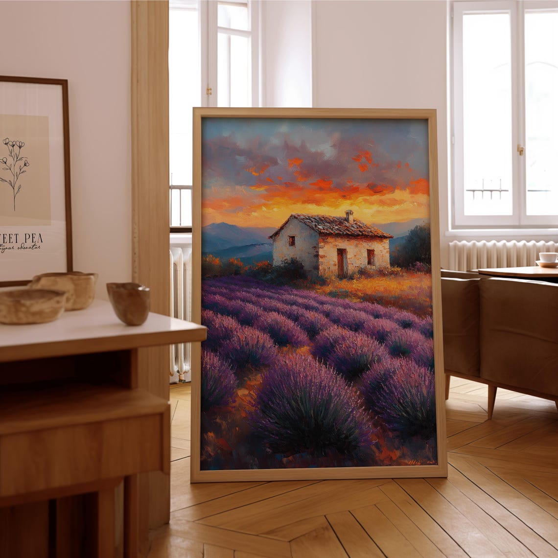 Lavender Field Stone Cottage Sunset Impressionist Art Poster