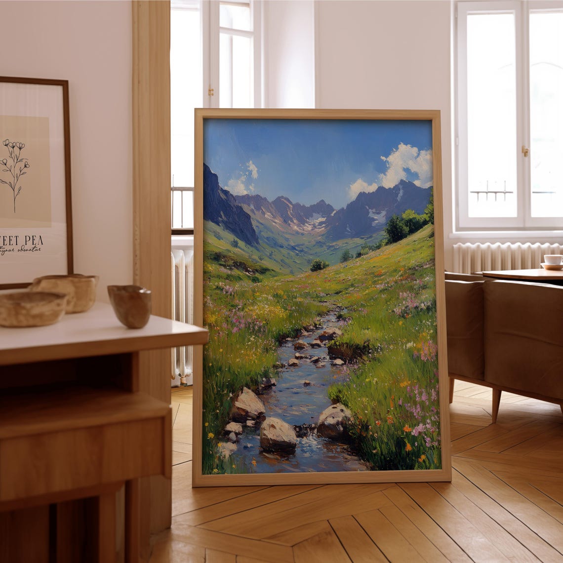 Mountain Stream Wildflower Valley Vintage Oil Painting Poster