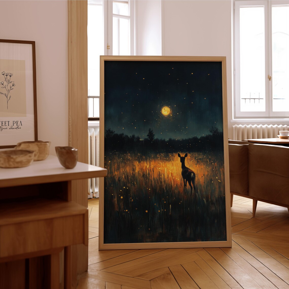 Impressionist Deer In Moonlit Field, Vintage Art Print
