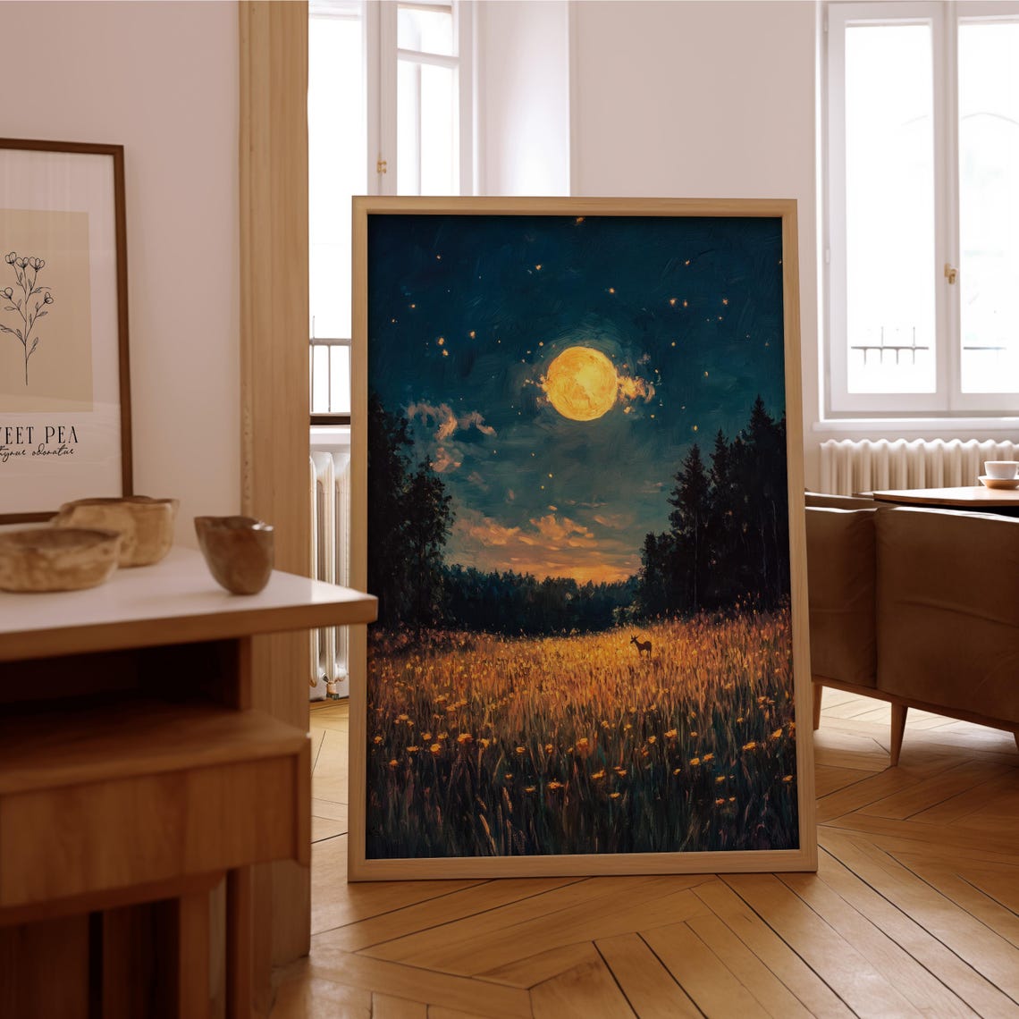 Moonlit Meadow Golden Moon Wildflowers Night Impressionist Poster
