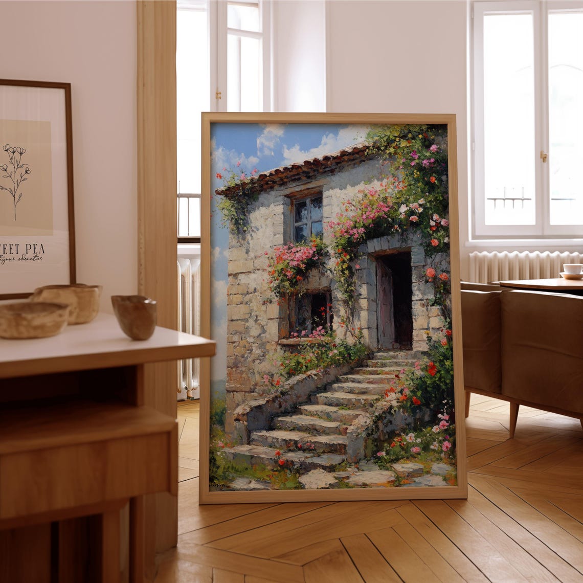 Mediterranean Stone Cottage Climbing Roses Impressionist Print