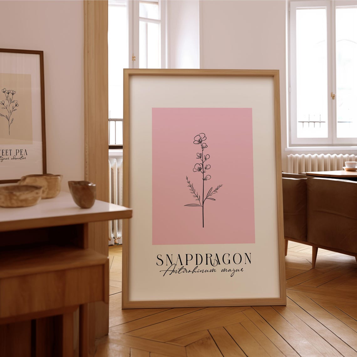 Snapdragon Botanical Line Art Soft Pink Minimalist Floral Poster