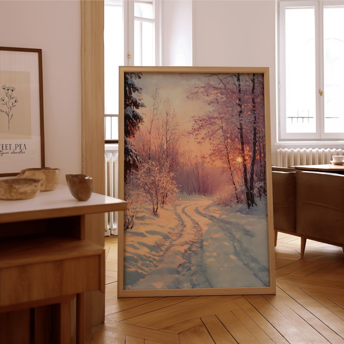 Impressionist Winter Forest Path Snowy Sunset Oil Painting Poster