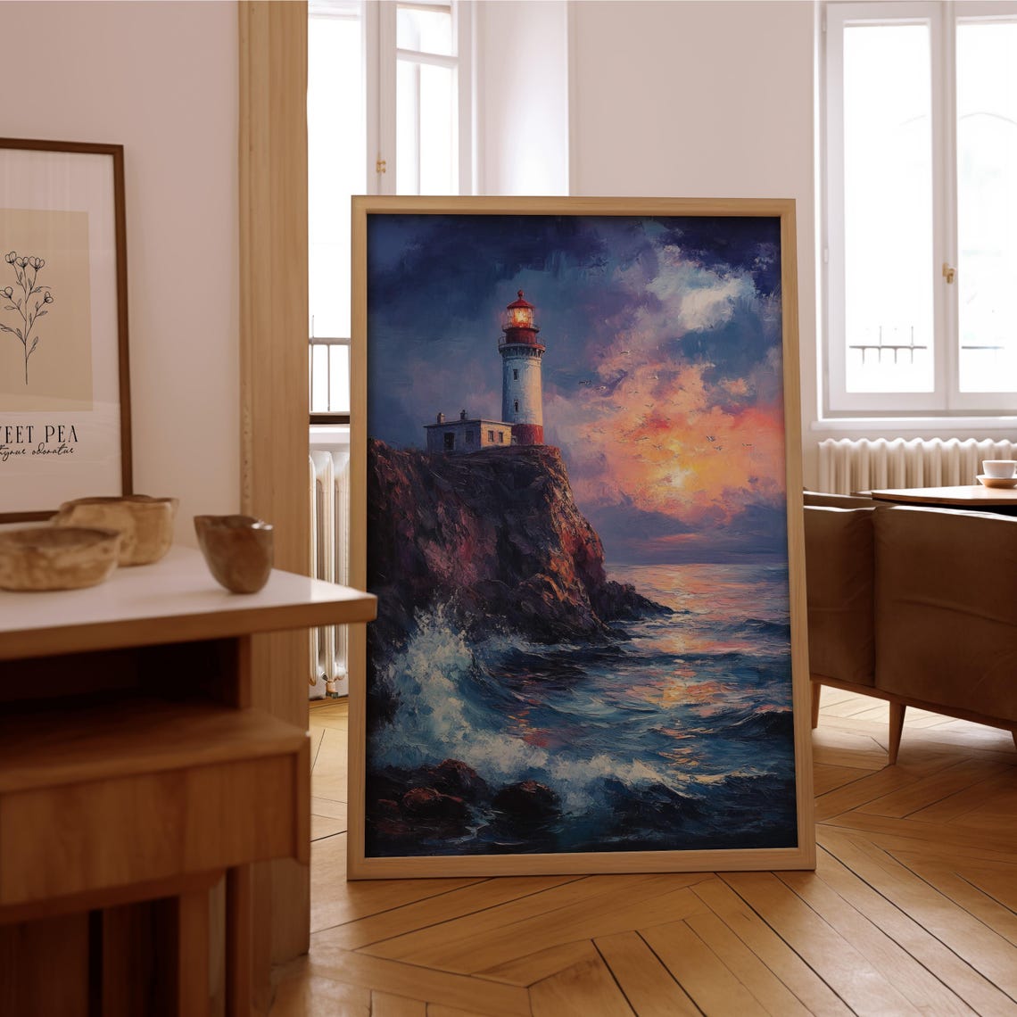 Lighthouse Rocky Coast Sunset Waves Nautical Coastal Painting Wall Art