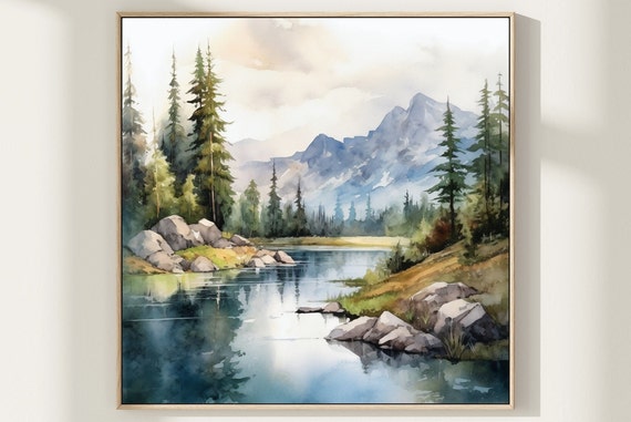 Mountain River Watercolor Neutral Wall Art Panoramic Landscape Minimalist Wall Art Mountains Painting Square Abstract Nature Art Print
