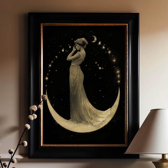 Lunar Women Art Moon Lady Print Crescent Moon Poster Moon Women Painting Celestial Wall Decor Vintage Lunar Portrait Moon Empress Art