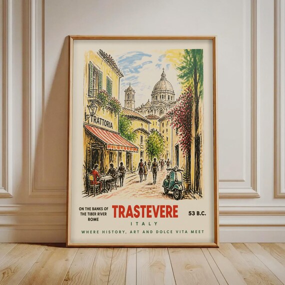 Trastevere Rome Print Vintage Italy Travel Poster Italian Street Scene Wall Art European Cafe Decor