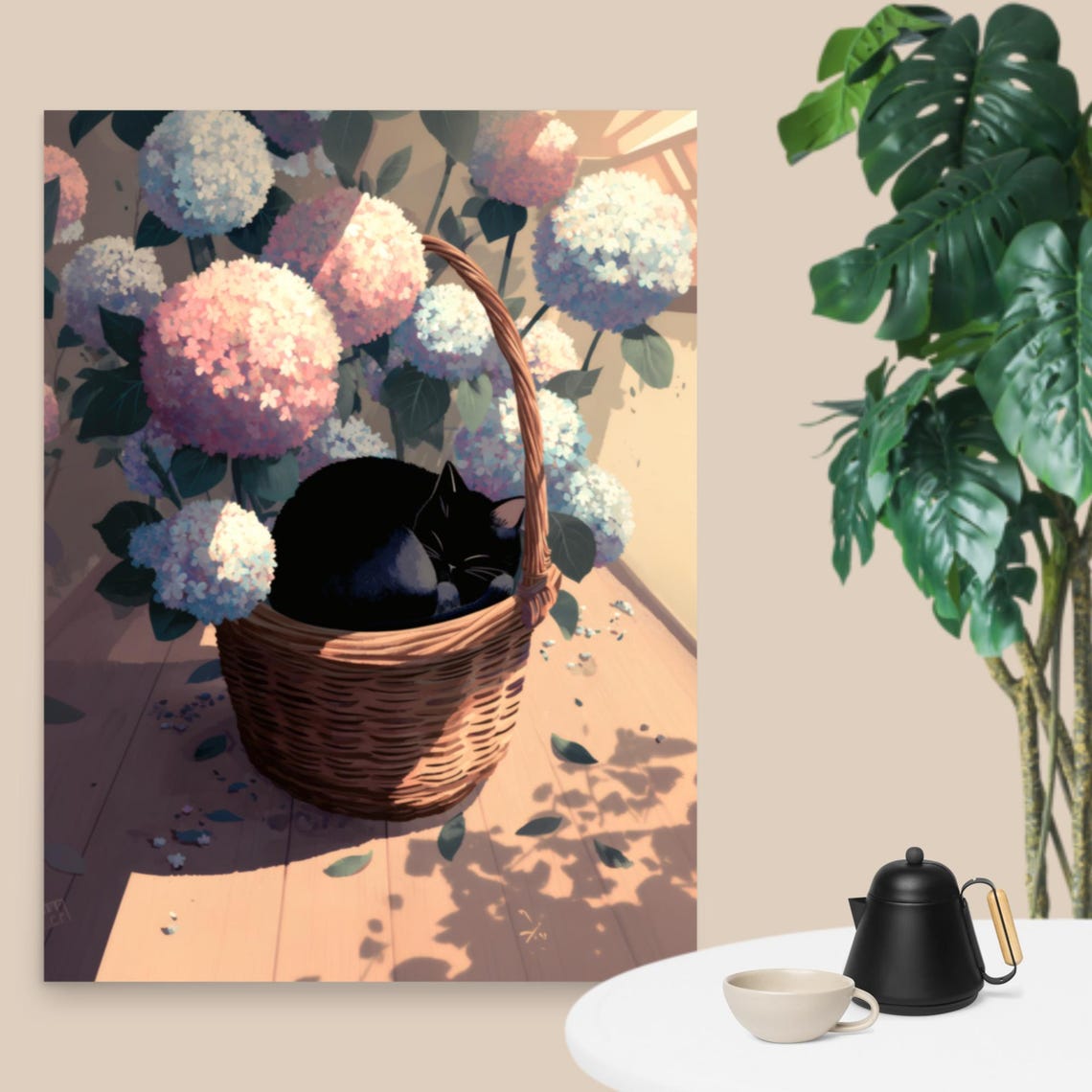 Sleeping Black Cat in a Wicker Basket Amid Floral Decor Poster