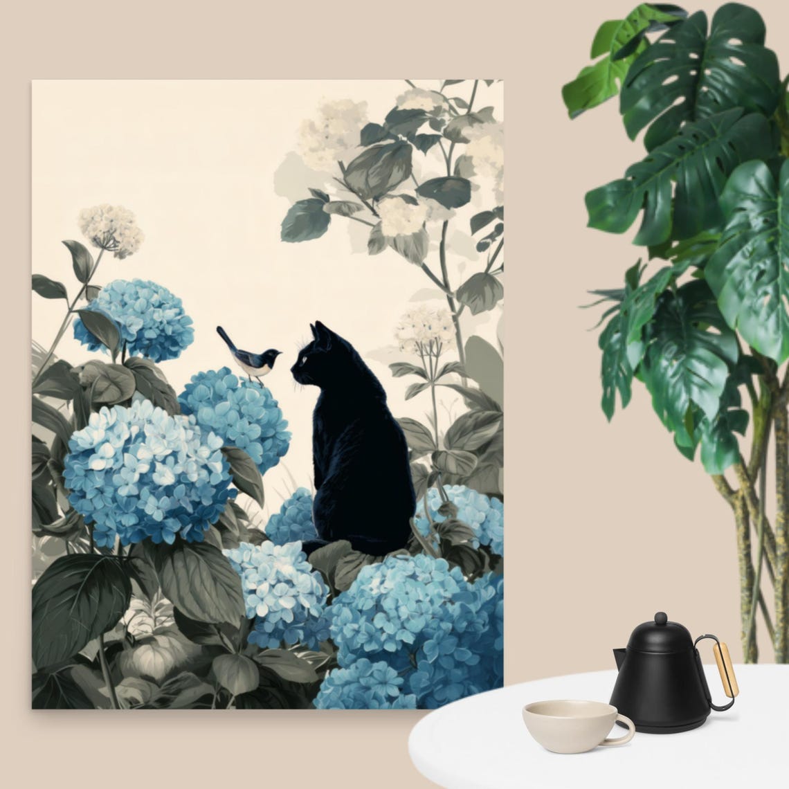 Black Cat With a Little Bird Among Hydrangea Blossoms Poster