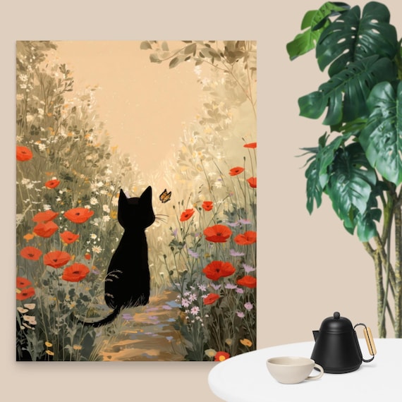 Black Cat Watching a Butterfly in a Gentle Red Poppy Field Poster