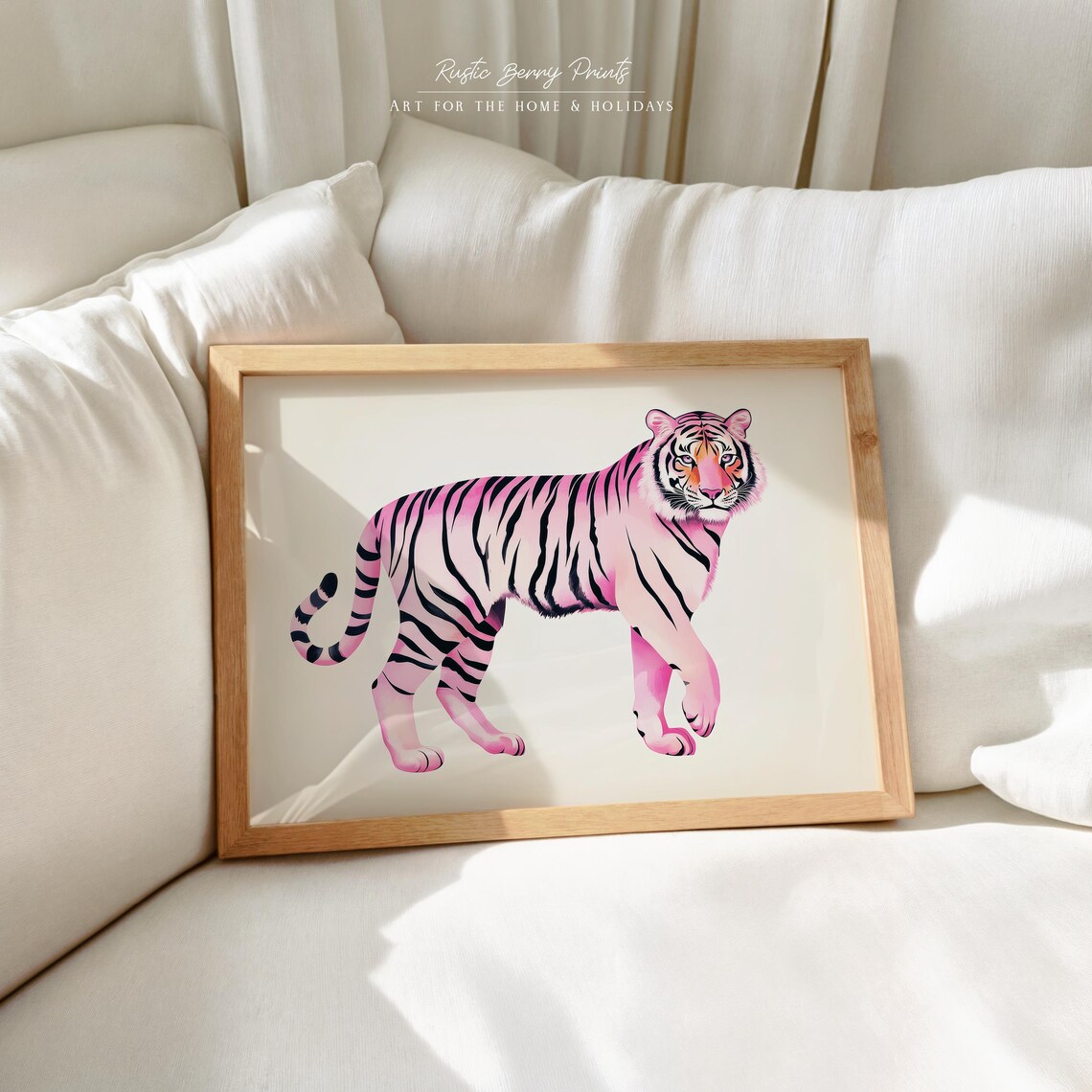 Pink Tiger Standing Illustration Maximalist Animal Wall Art Print - Image 2