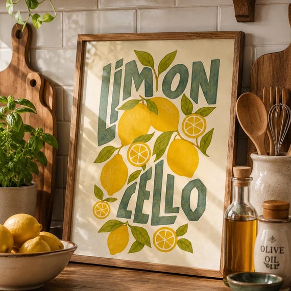 Vintage Lemon Kitchen Print Wall Art Citrus Decor Farmhouse Fruit Poster Mediterranean Artwork Gift