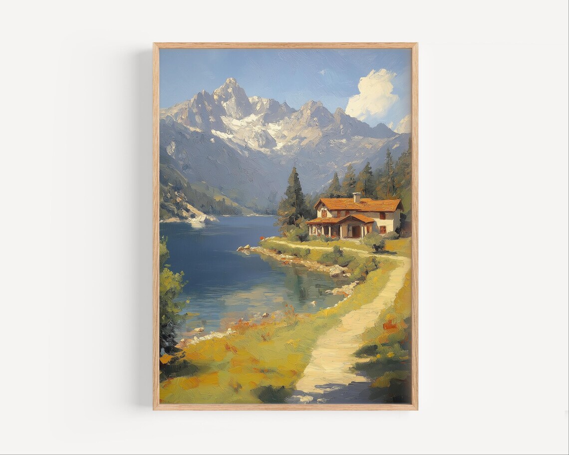 Alpine Lake Cabin Snow Peak Mountain Oil Painting Style Poster